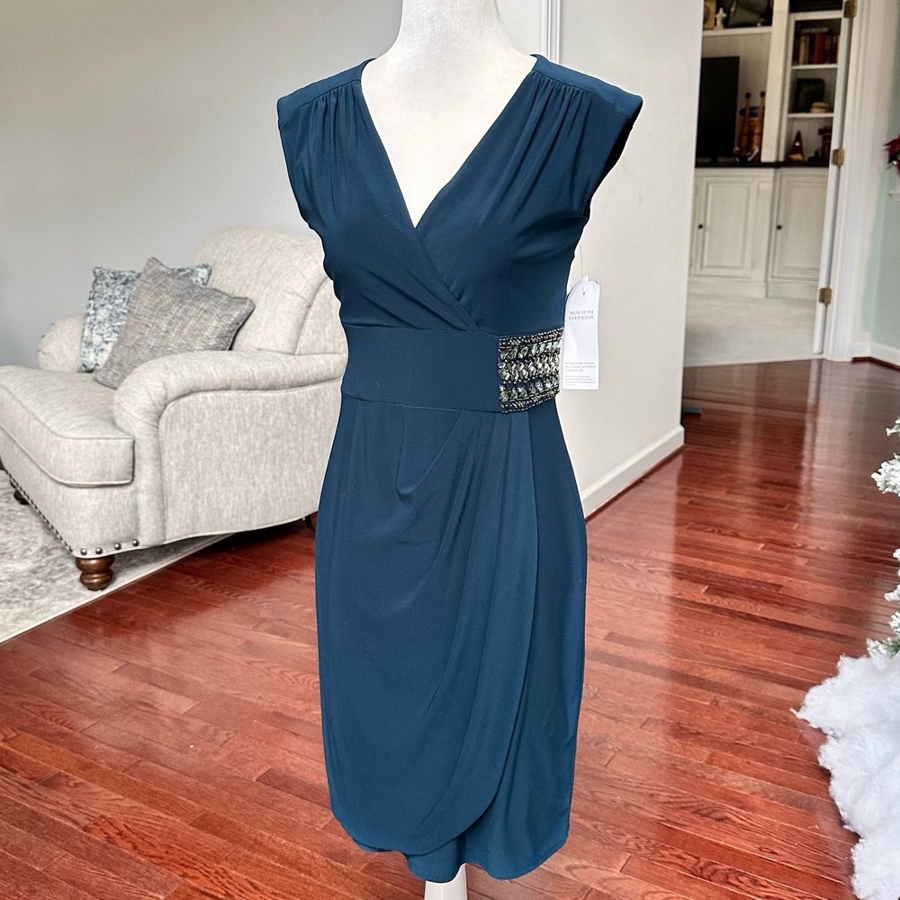 NWT Decode 1.8 Teal Beaded Side Plunge V Neck Sexy Cocktail Dress Size Small